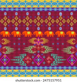 Traditional cloth pattern ethnic sarong Cross stitch pattern in horizontal Pixel Seamless Vector format using geometric shapes arranged in various shapes such as elephant flowers and stars.