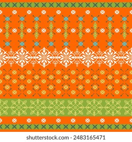 Traditional cloth pattern ethnic sarong Cross stitch pattern in horizontal Pixel Seamless Vector format using geometric shapes arranged in various shapes seamless knitted pattern with embroidery