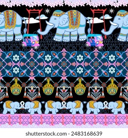 traditional cloth pattern Ethnic sarong horizontally.Pixel Seamless Vector pattern using cartoon elephants,geometric   in various shapes. Seamless pattern Native tribal fabric Traditional cloth