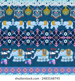 traditional cloth pattern Ethnic sarong horizontally.Pixel Seamless Vector pattern using cartoon elephants,geometric   in various shapes. Seamless pattern Native tribal fabric Traditional cloth