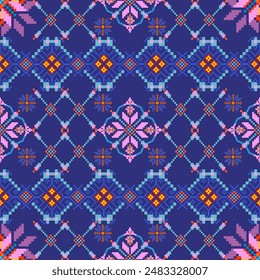 Traditional cloth pattern ethnic sarong Cross stitch pattern in horizontal Pixel Seamless Vector format using geometric shapes arranged in various shapes seamless knitted pattern with embroidery