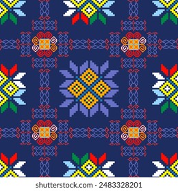 Traditional cloth pattern ethnic sarong Cross stitch pattern in Pixel Seamless Vector format using geometric shapes arranged in various shapes such as tree flowers and stars.