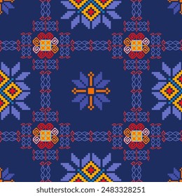 Traditional cloth pattern ethnic sarong Cross stitch pattern in Pixel Seamless Vector format using geometric shapes arranged in various shapes such as tree flowers and stars.