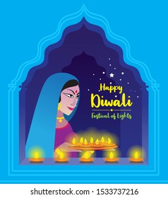 Traditional clothes Indian woman lady holding oil lamp celebrating the Happy Diwali or Deepavali meaning festival of lights. Illustration of Lady burning Diya Diwali poster - Vector