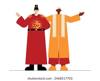 Traditional clothes from Korea and India, diversity vector illustration.