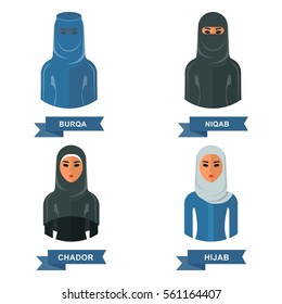 Traditional clothing Arab women. Religious rituals and rules for members of muslim religion. Flat vector cartoon illustration. Objects isolated on a white background.