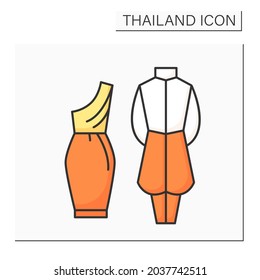 Traditional clothing color icon. Thai outfit. Dress and suit for male and female.Raj pattern shirt. Thailand concept. Isolated vector illustration 