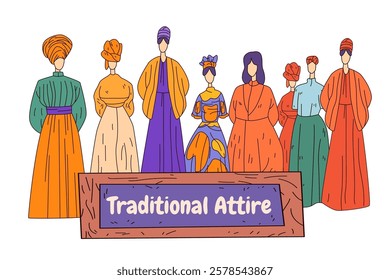 Traditional clothing diverse cultural outfits colorful attire illustration of people in varied garments and headwear standing together