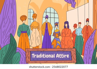 Traditional clothing fashion show diverse outfits colorful garments window background abstract shapes template