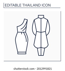 Traditional clothing line icon. Thai outfit. Dress and suit for male and female.Raj pattern shirt. Thailand concept. Isolated vector illustration. Editable stroke