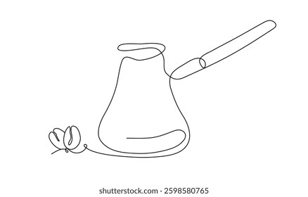A traditional coffee maker, a turk with a handle and coffee beans are a symbol of oriental ceremonies and hospitality. Drawing with one line.