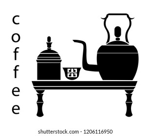 Traditional coffee pot with Arabic (Turkish) coffee. Traditional set for the countries of the Middle East (Saudi Arabia, Kuwait, Qatar, Egypt, Sudan, Morocco, Yemen). Vector illustration
