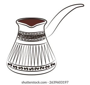 Traditional coffee pot vector illustration featuring intricate patterns and a long handle. Ideal for designs related to coffee culture and brewing traditions in diverse settings.