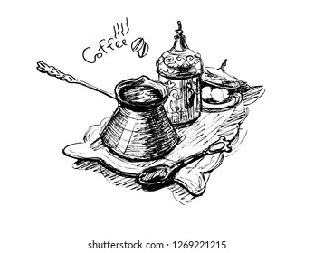 Traditional coffee serving. Line drawing