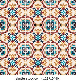 Traditional color ornate portuguese decorative tiles azulejos. Abstract background. Vector hand drawn illustration, typical portuguese tiles, Ceramic tiles. Seamless pattern.