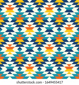 Traditional colorful boho aztec diamonds blue seamless pattern.