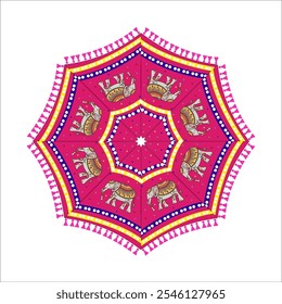 Guarda-chuva rosa decorativo colorido tradicional com borlas coloridas e design de estampas étnicas Rajasthani para cerimônias de casamento indianas como haldi function, mehendi inventar, bhaat, maayra, carnaval