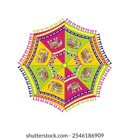 Traditionelle bunte dekorative Regenschirm mit bunten Quasten und Rajasthani ethnischen Drucke Design für indische Hochzeitszeremonien wie Haldi-Funktion, Mehendi einladen, Bhaat, Mayra, Fasching Pool Party