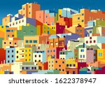 Traditional colorful houses in one of the areas of Las Palmas, Gran Canaria, Canary Islands. Handmade drawing vector illustration.