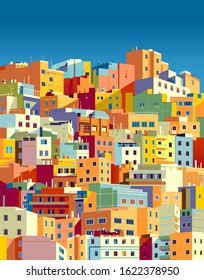 Traditional colorful houses in one of the areas of Las Palmas, Gran Canaria, Canary Islands. Handmade drawing vector illustration.