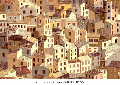 Traditional colorful houses in one of the areas of Spain, France or Italy. Handmade drawing vector illustration.
Seamless architectural pattern texture or background.