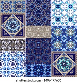 Traditional colorful patchwork seamless pattern.  Floral wallpaper. Decorative ornament for fabric, textile, wrapping paper. Indigo traditional tiles pattern.