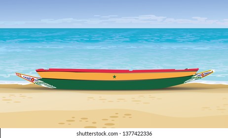 Traditional colorful Senegalese boat on a beach background - vector illustration