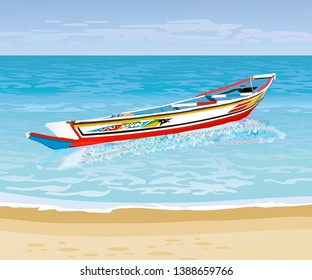 Traditional colorful Senegalese boat on a ocean background - vector illustration