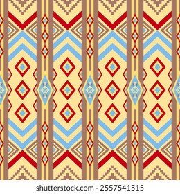 Traditional Colorful Stripe Design Yellow Blue Red on Brown Background. Detailed Chevron Tribal Ethnic Motif Embroidery Border Seamless Pattern Vector. Sash silk decoration Navajo geometric fashion