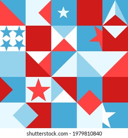 Traditional colors of the American flag. Seamless bright geometric pattern with stars and stripes for national US holiday Independence day of July 4th. Simple texture for memorial day in United States