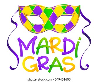 Traditional colors vector carnival mask with hand drawn Mardi Gras lettering isolated on white background