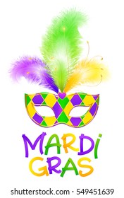 Traditional colors vector carnival mask with feathers and hand drawn Mardi Gras lettering isolated on white background