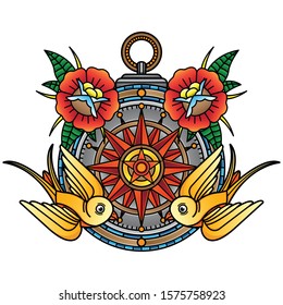 traditional compass tattoo flash, vector EPS 10