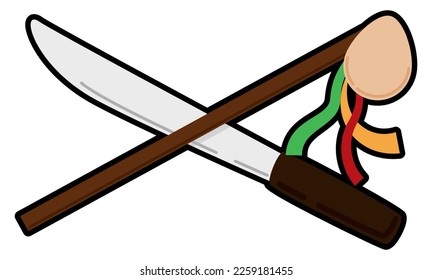 Traditional Congo dance elements for Barranquilla's Carnival: wand with bladder and colorful ribbons crossed with machete. Design in flat style and outlines.