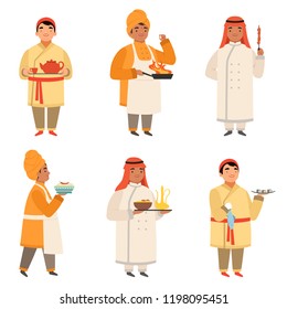 Traditionelle Kochfiguren. Küchenchef aus verschiedenen Ländern asiatische schwarze indianische und arabische Küche in der Vektorillustration Maskottchen. Illustration der wichtigsten traditionellen Küche, kochen Sie Charakter Osten und arabisch