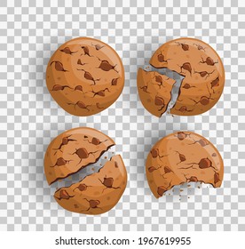 Traditional cookies with chocolate crisps. Bitten, broken, cookie crumbs. Vector illustration in cartoon flat style.