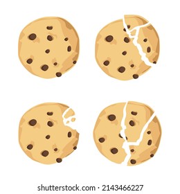 Traditional cookies with chocolate crisps. Bitten, broken, cookie crumbs. Freshly baked choco cookie icon set. Vector