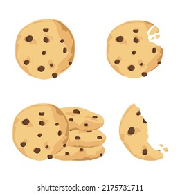 Traditional cookies with chocolate crisps. Bitten, broken, cookie crumbs. Freshly baked choco cookie icon set. Vector