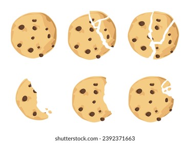 Traditional cookies with chocolate crisps. Bitten, broken, cookie crumbs. Freshly baked choco cookie icon set. Vector