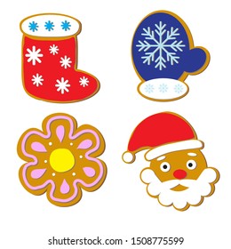 Traditional cookies with icing composition isolated on white.Christmas gingerbreads top view flat vector illustration.Homemade biscuits