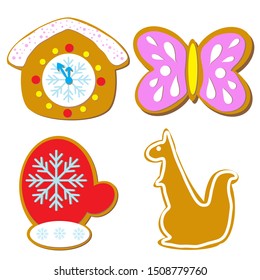 Traditional cookies with icing composition isolated on white.Christmas gingerbreads top view flat vector illustration.Homemade biscuits