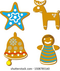 Traditional cookies with icing composition isolated on white.Christmas gingerbreads top view flat vector illustration.Homemade biscuits