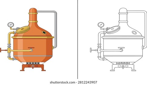 A traditional copper pot still used for distilling alcoholic beverages and other spirits