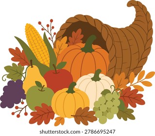 Traditional cornucopia filled with pumpkins, corn, grapes, and harvest vegetables in warm autumn colors. Perfect for Thanksgiving decorations, printable graphics, and festive seasonal artwork.