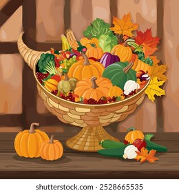 A traditional cornucopia overflowing with fruits, vegetables, pumpkins, and colorful autumn leaves. The background could be a rustic wooden table or a cozy farm setting.