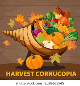 A traditional cornucopia overflowing with fruits, vegetables, pumpkins, and colorful autumn leaves. The background could be a rustic wooden table or a cozy farm setting.