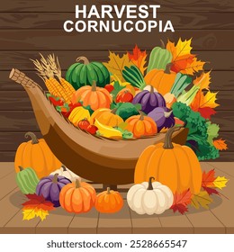 A traditional cornucopia overflowing with fruits, vegetables, pumpkins, and colorful autumn leaves. The background could be a rustic wooden table or a cozy farm setting.