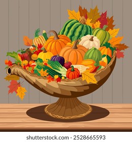 A traditional cornucopia overflowing with fruits, vegetables, pumpkins, and colorful autumn leaves. The background could be a rustic wooden table or a cozy farm setting.