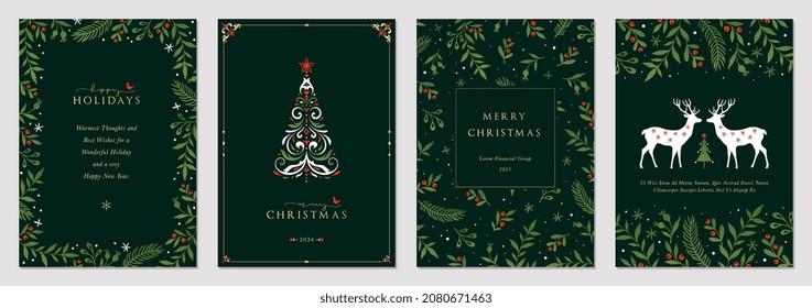 Traditional Corporate Holiday cards with Christmas tree, reindeers, birds, ornate floral frames, background and copy space. Universal artistic templates. - Shutterstock ID 2080671463