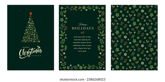 Traditional Corporate Holiday cards with Christmas tree, reindeers, ornate flower frames, background and text space. Universal artistic templates.